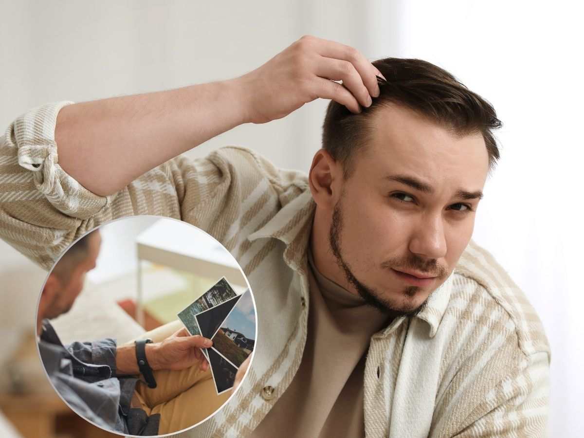 Uomo che guarda i capelli e persona che guarda fotografia