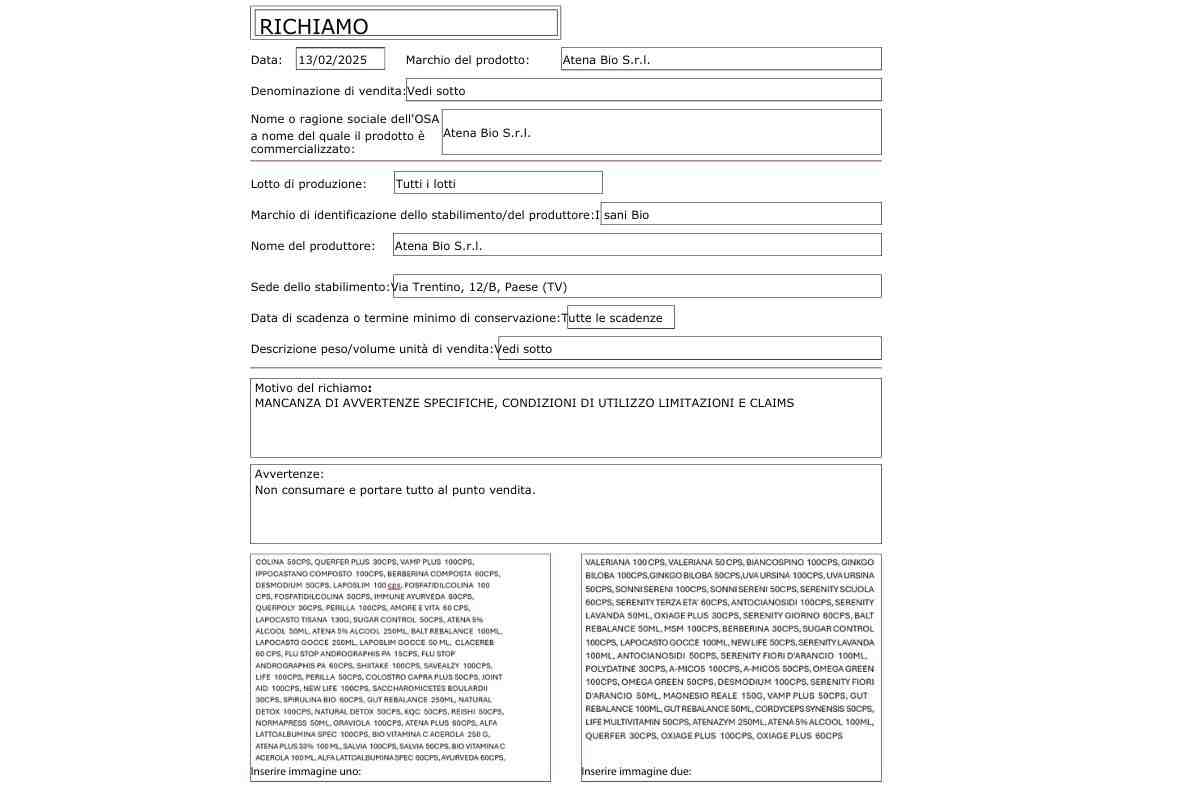 pdf pubblicato dal ministero per richiamo integratori